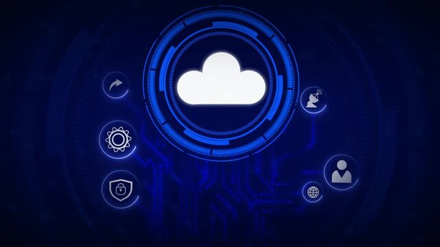 Technology network cloud animation loops corporate storage icon frames. Network cloud security database system highlights data privacy keys. Cloud animation background looks professional.