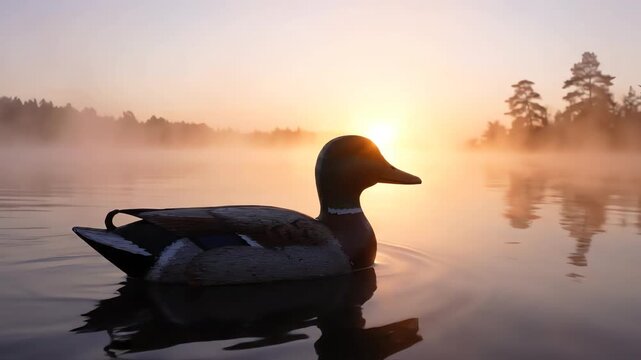 Cinematic close up of a wooden duck decoy bobbing on a calm misty lake at sunrise with thick fog rolling over the water surface