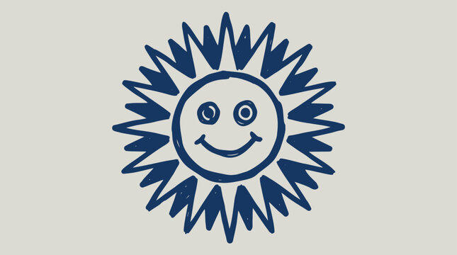 Hand-drawn dark blue smiling sun with jagged rays on a light gray background