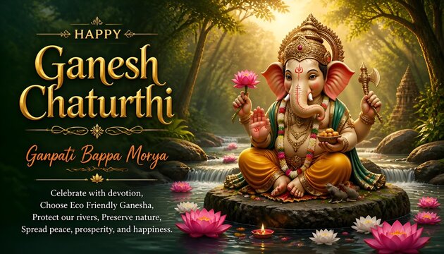 Eco Friendly Lord Ganesha Idol in Forest Stream with Lotus Flower for Ganesh Chaturthi Greeting Banner