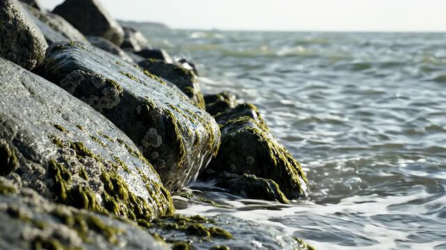 Cinematic close up of large grey sea defence boulders on the Cleethorpes coastline with gentle North Sea waves splashing against the rocky barrier
