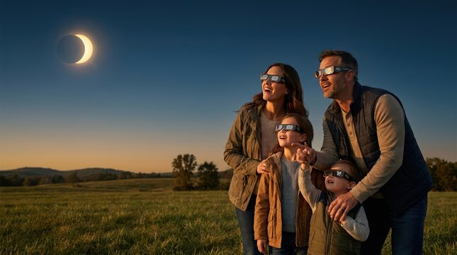 Family wearing eclipse glasses watches partial solar eclipse in field.