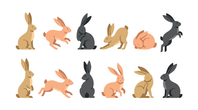 Cute bunny rabbits in various poses on a transparent background for spring or Easter themed designs