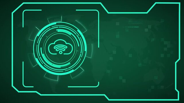 Technology computing data animation loops green HUD cloud indicators. Computing data system logs track active electronic server files storage. Data animation canvas looks highly futuristic.