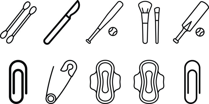 Mixed line icon set featuring cotton swabs medical scalpel baseball cricket bat makeup brushes safety pin paperclip vector