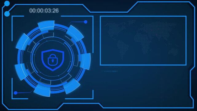 Technology security shield animation displays warning symbols on maps. Security shield cyber protection interface tracks global internet hacks. Shield animation layout loops nicely.
