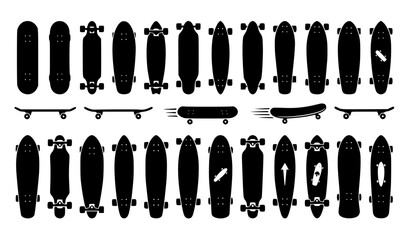 Black Skateboard Silhouette Collection with Side View Perspective and Deck Shapes © zarina
