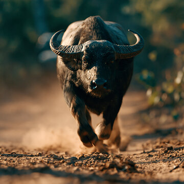 Front view of an african buffalo charging through a dusty savannah habitat