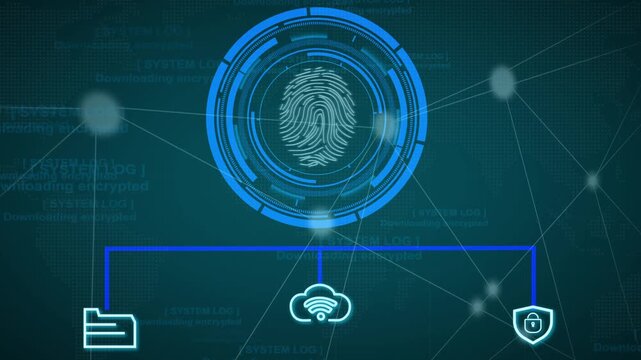 Technology security network animation links fingerprint icons to clouds. Security network cyber protection setup includes digital shield elements. Network animation system loops flawlessly.