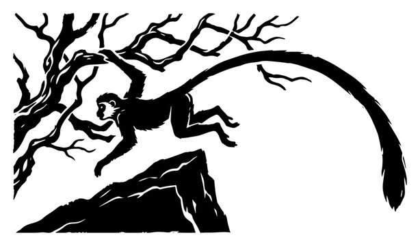 Langur monkey leaping from a tree branch in bold woodcut engraving style