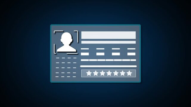 Identification data card animation displays electronic user ID layout. Data card credential template features abstract high tech photo grids. Card identification system looks modern.
