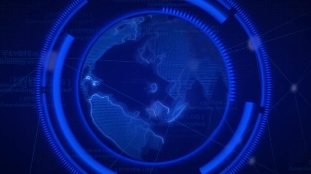 Globe earth world animation features digital planetary network tracks. Earth world system logging interface outlines active server data flows. Planetary network loop works for corporate.