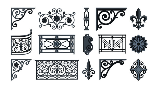 Set of black ornate wrought iron decorative fence panels and gate design elements isolated on transparent background