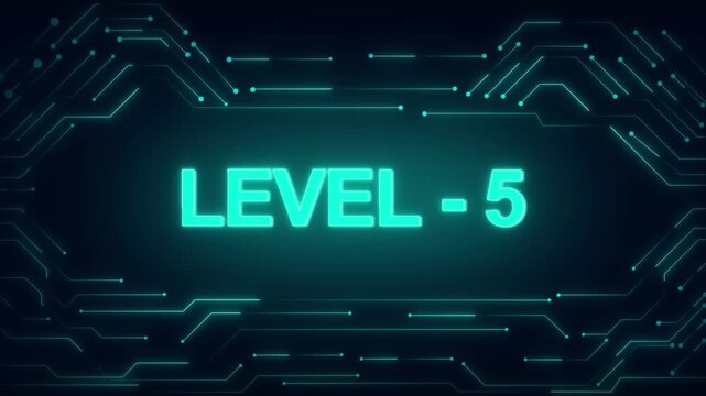 Level five neon text animation flashes cyan lettering on digital circuit boards. Five neon text typography displays level-5 on high tech frames. Text typography background loops smoothly.