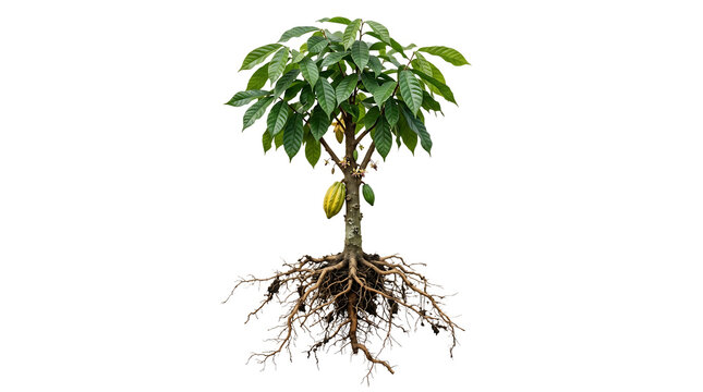 Cocoa tree with roots and pods isolated on transparent background