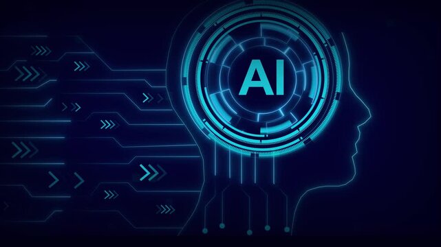 Artificial intelligence tech animation displays human head silhouettes over blue lines. Intelligence tech smart brain layout provides futuristic electronic computing loops. Tech animation looks clean.
