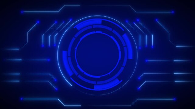 Circuit board technology animation features abstract blue neon loops. Board technology circular interface design looks clean and minimalist. Digital animation style is corporate safe.