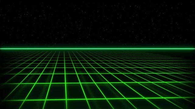 Line perspective grid animation features neon green bars receding into starry skies. Perspective grid synthwave design offers creative retro horizon layouts. Grid animation loop is clean.