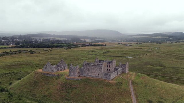 Aerial drone view of Ruthven Barracks near Kingussie, a historic 18th-century fortress in the Scottish Highlands, Scotland.