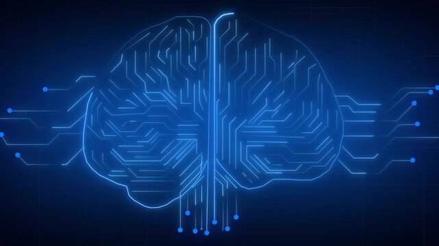 Technology concept brain animation displays futuristic blue neon circuit tracking. Concept brain digital system illustrates smart cognitive processor units. Brain animation template looks modern.
