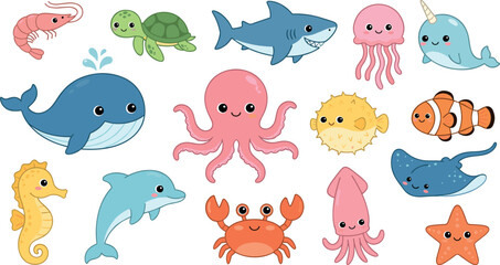 Fototapeta premium Cute Cartoon Sea Animal Vector Icon Set with Octopus Whale Shark Dolphin and Turtle for Under the Sea Nursery Decor and Sticker Graphic Designs