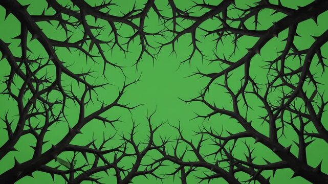Creeping black thorny branch silhouette wrapping around edges on bright green screen for transitions and compositing effects