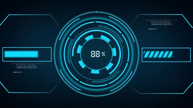 Interface progress indicator animation loops blue futuristic loading bars on screens. Progress indicator dashboard layout features high tech analytics graphics. Interface animation looks clean.