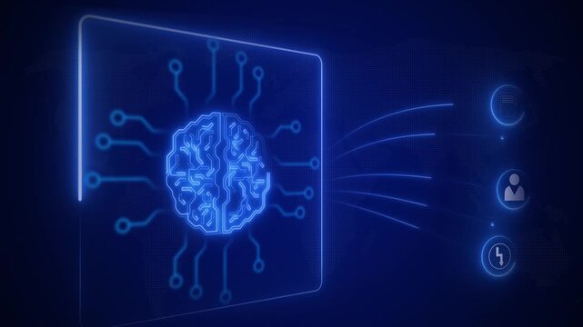 Artificial intelligence brain animation features blue digital webs. Intelligence brain data node connections link global processor networks. Brain animation template loops smoothly.