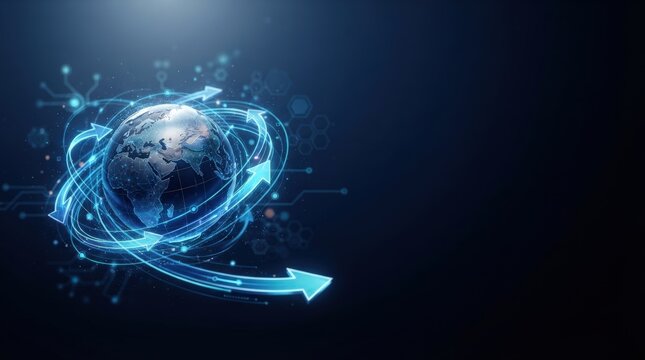 Digital globe surrounded by glowing blue network lines and arrows, symbolizing worldwide data exchange. Studio lighting highlights high-contrast elements for a sleek, modern mood.