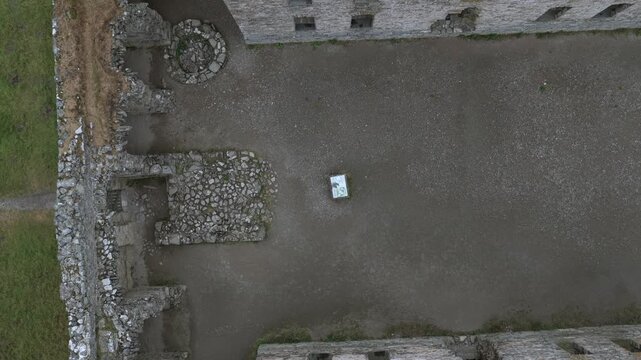 Aerial drone view of Ruthven Barracks near Kingussie, a historic 18th-century fortress in the Scottish Highlands, Scotland.
