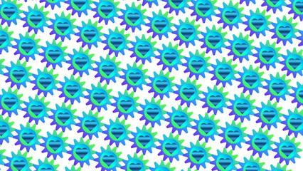 Fototapeta premium Seamless repeating pattern of bright colorful suns with happy heart faces on white background wallpaper design