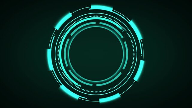 Abstract circular HUD animation displays teal interface gear rings. Circular HUD digital dashboard element features glowing vector outlines. HUD animation layout loops very cleanly.