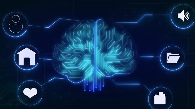 Digital brain tech animation links electronic circuitry to daily user folder icons. Brain tech interface features home heart sound and corporate document logs. Tech animation layout loops smoothly.