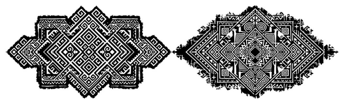 Complex tribal textile patterns with ethnic diamond motifs in traditional hmong embroidery style