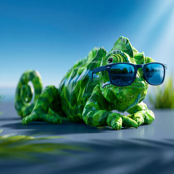 Green chameleon reptile wearing cool blue sunglasses resting on surface