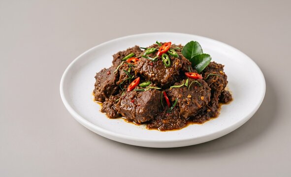 Rendang beef curry with white plate on gray background