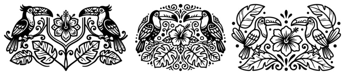 Obraz premium Tropical toucan bird ornaments with flowers and leaves linocut style