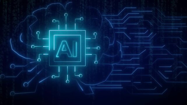 Artificial intelligence chip animation displays glowing AI structures in brains. Intelligence chip circuitry features digital binary code language tracks. AI chip layout loops perfectly for video.