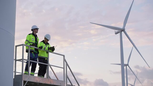 Engineers working on site in wind turbine farm, Wind turbines generate clean energy source, Eco technology for electric, industry environment.