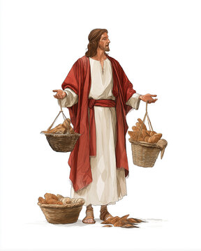 Jesus Christ Blessing Bread and Fish Before Distribution
