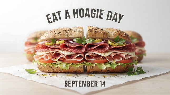 Eat a hoagie day celebration poster featuring a delicious gourmet sandwich with fresh ingredients on a wooden surface