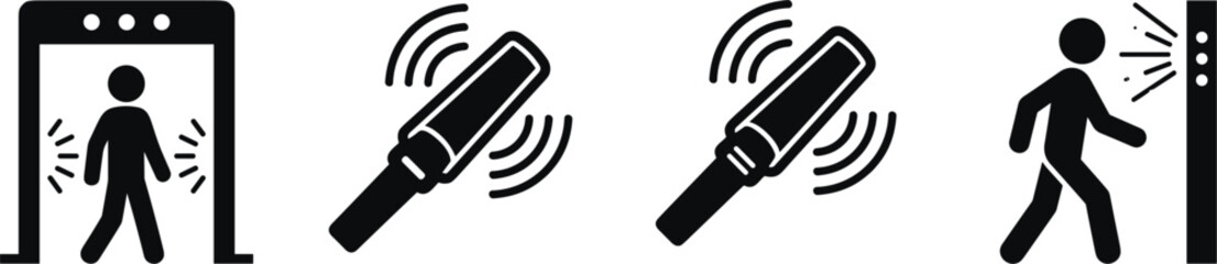 Airport metal detector security scan vector icon set featuring walkthrough gate handheld scanner and checkpoint screening.eps © MdAzahar