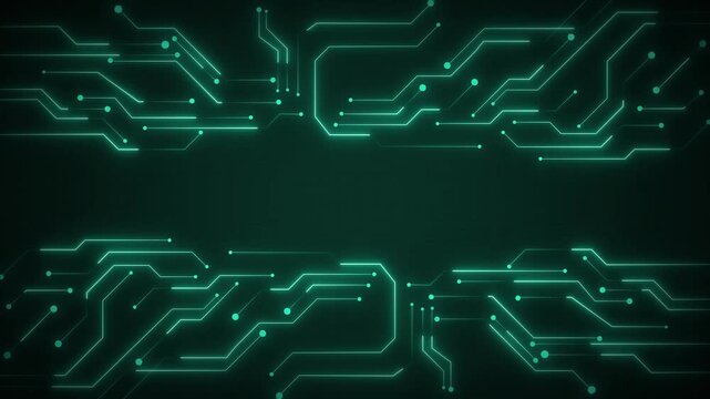 Circuit board technology animation features glowing teal line frames. Board technology abstract matrix grid provides clean software details. Digital animation layout looks professional.