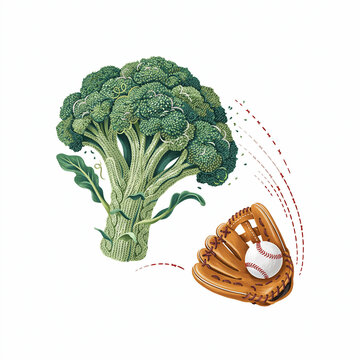 Knitted broccoli vegetable and a baseball glove with a ball on white background