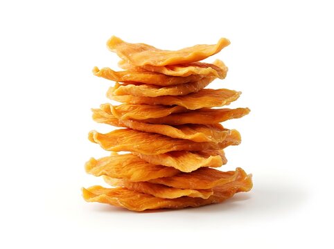 A stack of dried mango slices isolated on white background