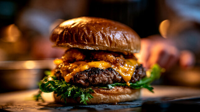 Artisan cheeseburger with melted cheese and fresh vegetables, cheeseburger