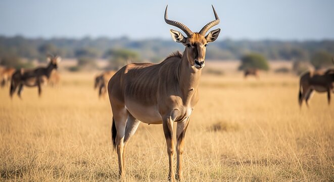 Large eland antelope standing in dry savanna landscape