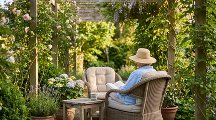 Fototapeta premium Senior woman reading a book and relaxing in a wicker chair under a wooden pergola surrounded by lush blooming flowers and green plants in a peaceful summer garden