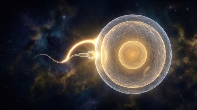 A sperm cell connects with an egg in a laboratory setting focusing on fertility and reproductive health concepts.