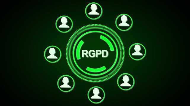 GDPR data protection network animation displays professional green HUD keys. Data protection GDPR corporate interface links people user nodes. Network animation style looks modern.